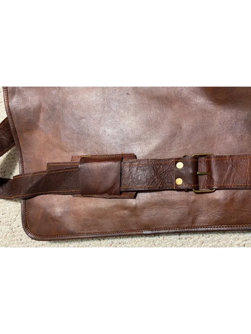 Brown Leather messenger padded laptop bag tote satchel NWOT green zipper NWOT